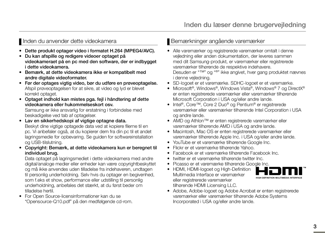 Samsung HMX-Q10TP/EDC, HMX-Q10PP/EDC manual Inden du læser denne brugervejledning, Inden du anvender dette videokamera 