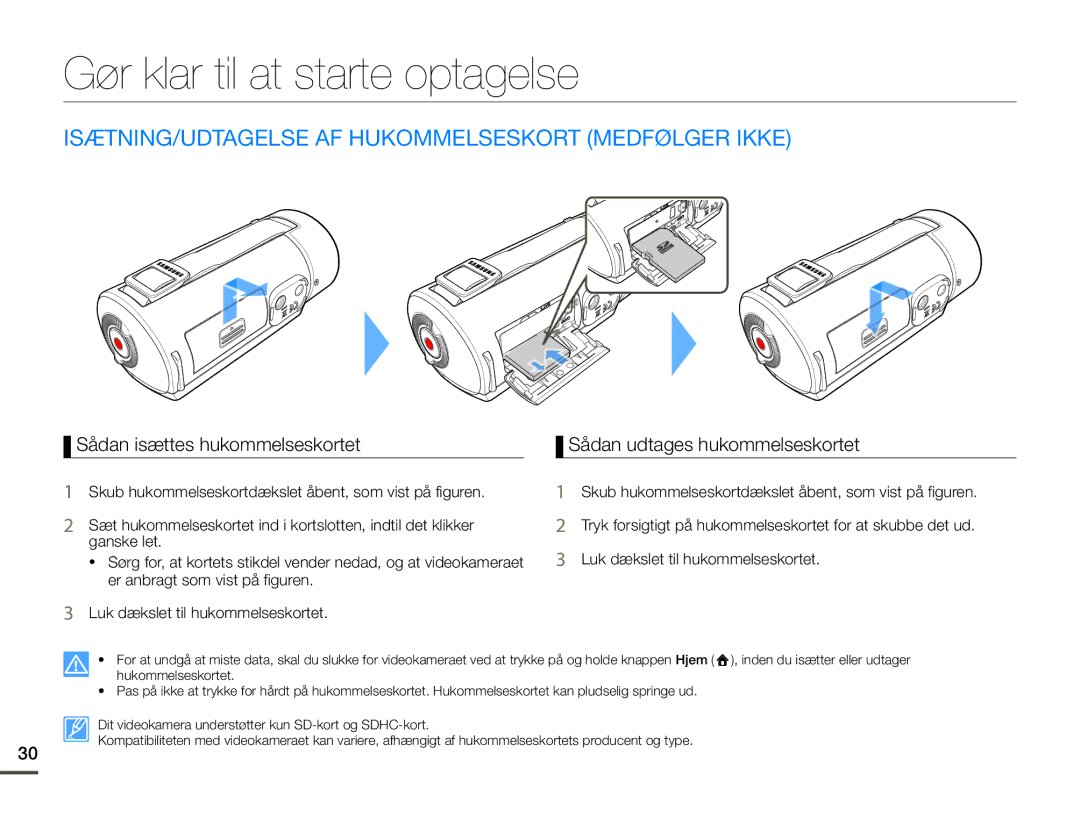 Samsung HMX-Q10TP/EDC manual Gør klar til at starte optagelse, ISÆTNING/UDTAGELSE AF Hukommelseskort Medfølger Ikke 