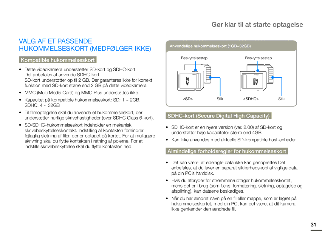 Samsung HMX-Q10PP/EDC, HMX-Q10TP/EDC Gør klar til at starte optagelse, Valg AF ET Passende Hukommelseskort Medfølger Ikke 