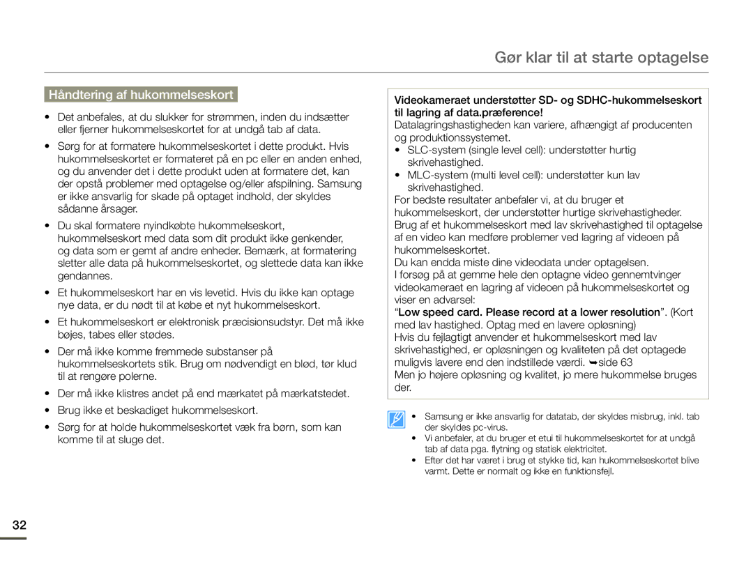 Samsung HMX-Q10BP/EDC, HMX-Q10TP/EDC, HMX-Q10PP/EDC manual Håndtering af hukommelseskort 