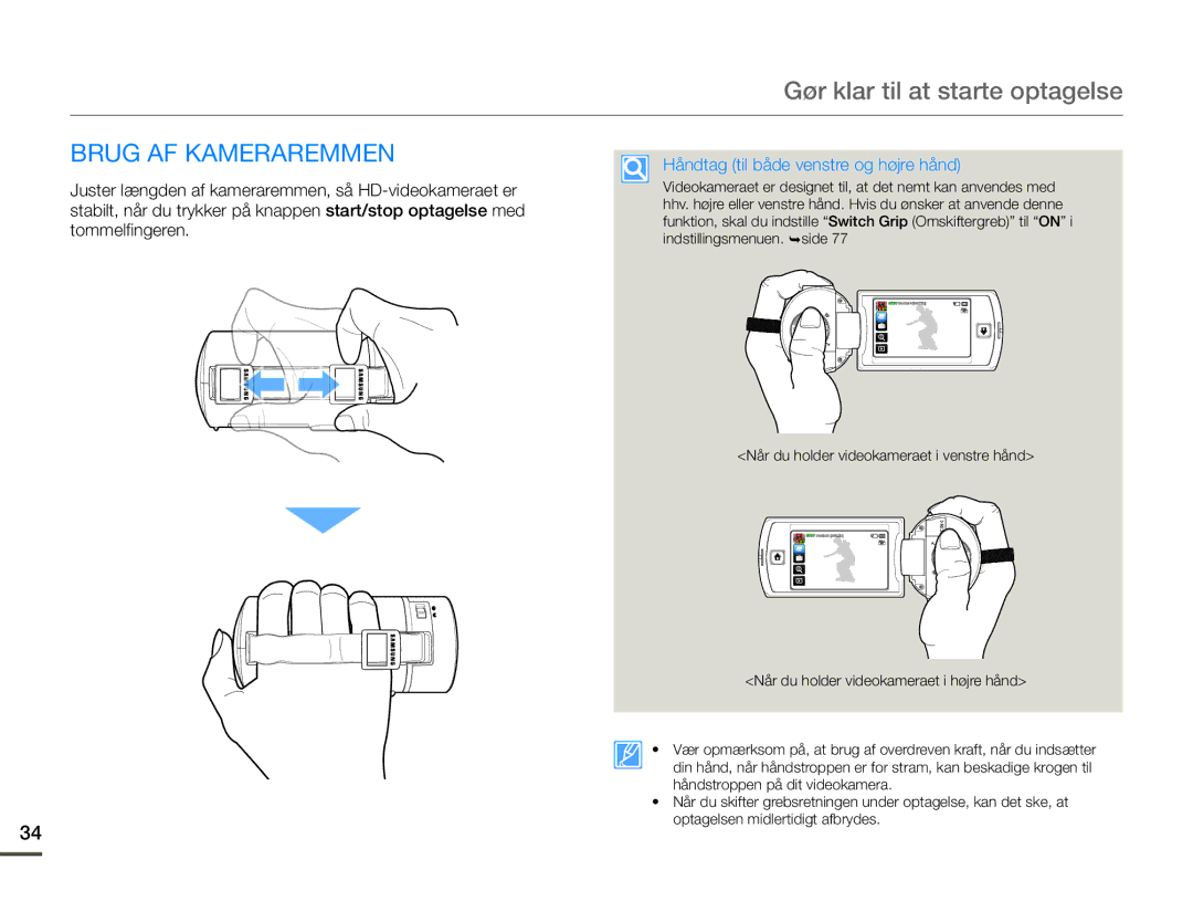 Samsung HMX-Q10PP/EDC, HMX-Q10TP/EDC, HMX-Q10BP/EDC manual Brug AF Kameraremmen, Håndtag til både venstre og højre hånd 