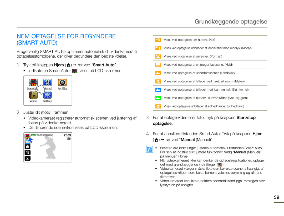 Samsung HMX-Q10TP/EDC, HMX-Q10PP/EDC, HMX-Q10BP/EDC manual NEM Optagelse for Begyndere Smart Auto 