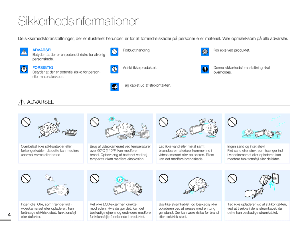 Samsung HMX-Q10PP/EDC, HMX-Q10TP/EDC, HMX-Q10BP/EDC manual Sikkerhedsinformationer, Forsigtig 