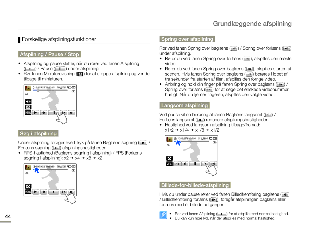 Samsung HMX-Q10BP/EDC manual Afspilning / Pause / Stop, Spring over afspilning, Langsom afspilning, Søg i afspilning 