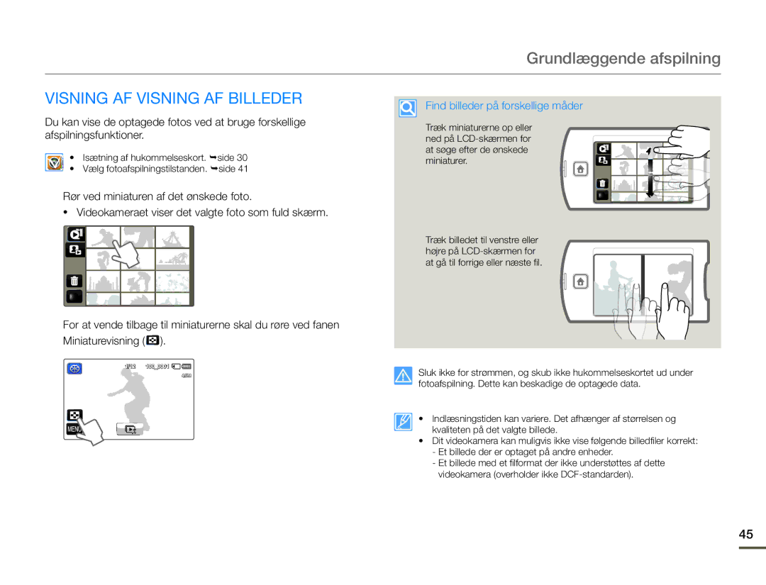 Samsung HMX-Q10TP/EDC, HMX-Q10PP/EDC, HMX-Q10BP/EDC manual Visning AF Visning AF Billeder, Find billeder på forskellige måder 