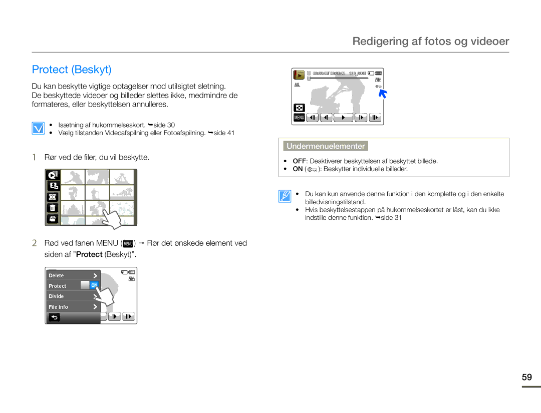 Samsung HMX-Q10BP/EDC, HMX-Q10TP/EDC, HMX-Q10PP/EDC manual Redigering af fotos og videoer, Protect Beskyt 