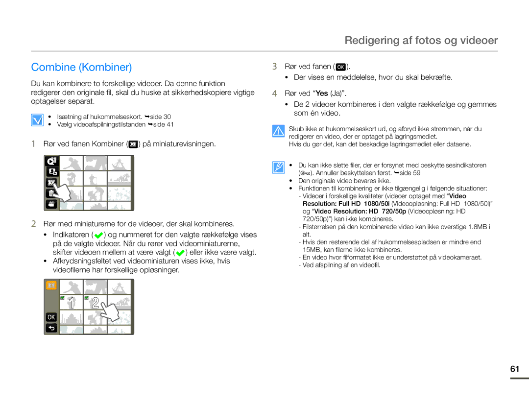 Samsung HMX-Q10PP/EDC, HMX-Q10TP/EDC, HMX-Q10BP/EDC manual Combine Kombiner, Videofilerne har forskellige opløsninger 