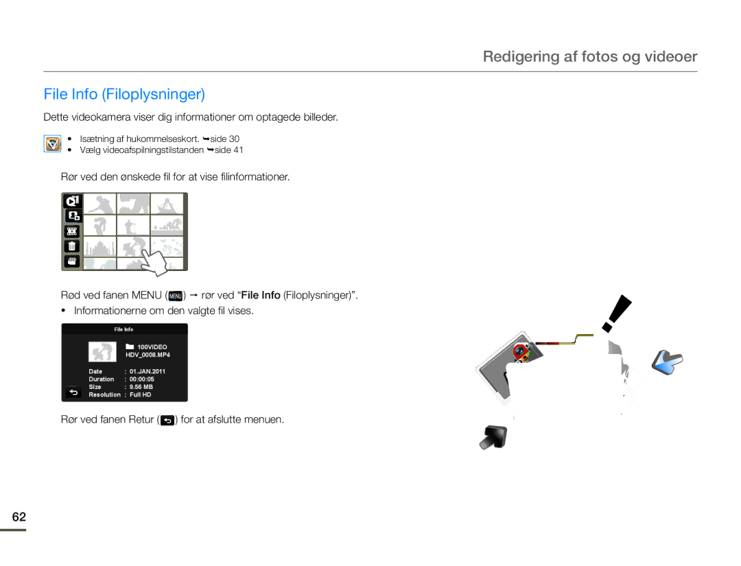 Samsung HMX-Q10BP/EDC, HMX-Q10TP/EDC, HMX-Q10PP/EDC File Info Filoplysninger, Rør ved fanen Retur for at afslutte menuen 