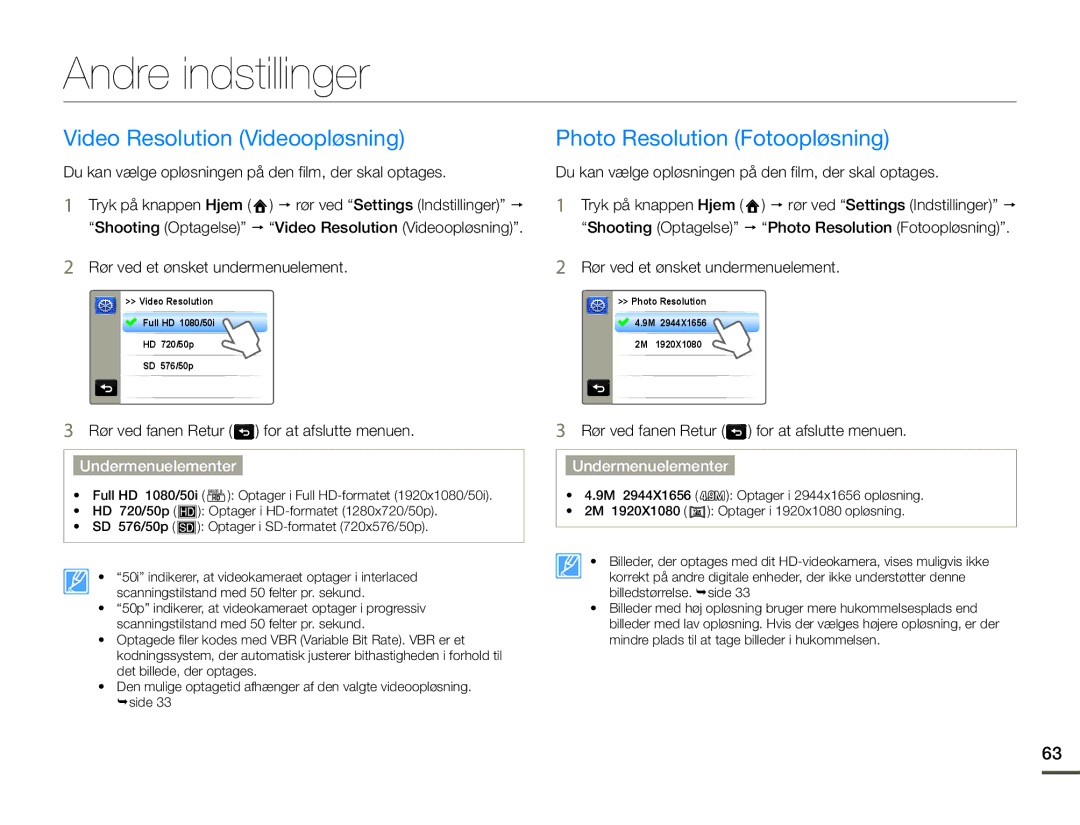 Samsung HMX-Q10TP/EDC, HMX-Q10PP/EDC manual Andre indstillinger, Du kan vælge opløsningen på den film, der skal optages 