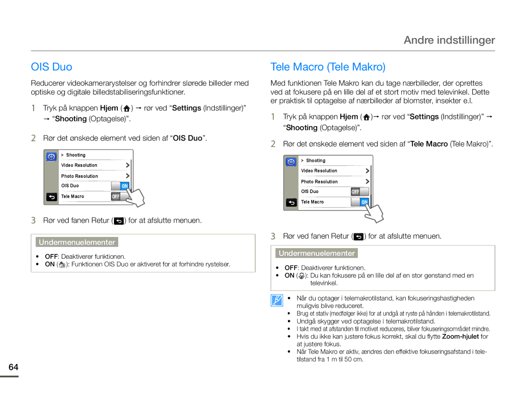 Samsung HMX-Q10PP/EDC, HMX-Q10TP/EDC, HMX-Q10BP/EDC manual Andre indstillinger, OIS Duo, Tele Macro Tele Makro 