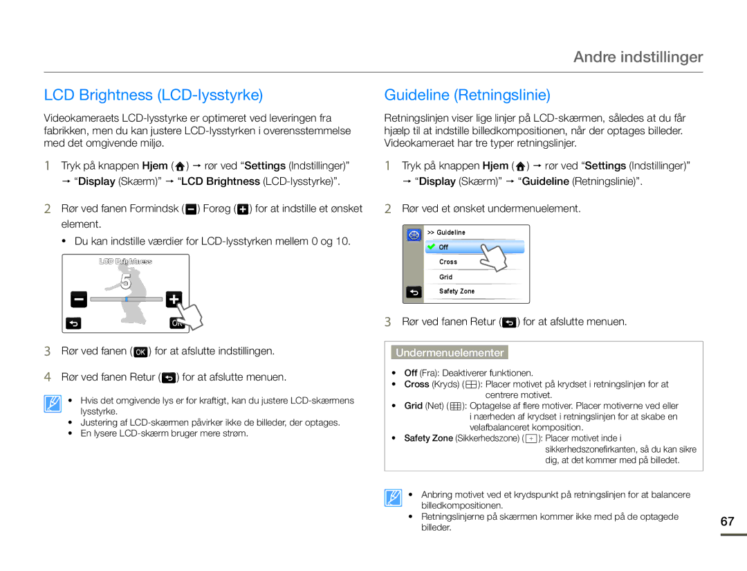 Samsung HMX-Q10PP/EDC, HMX-Q10TP/EDC, HMX-Q10BP/EDC manual LCD Brightness LCD-lysstyrke Guideline Retningslinie 