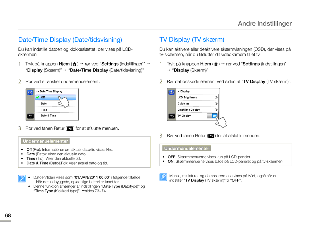 Samsung HMX-Q10BP/EDC, HMX-Q10TP/EDC, HMX-Q10PP/EDC manual Date/Time Display Date/tidsvisning, TV Display TV skærm 