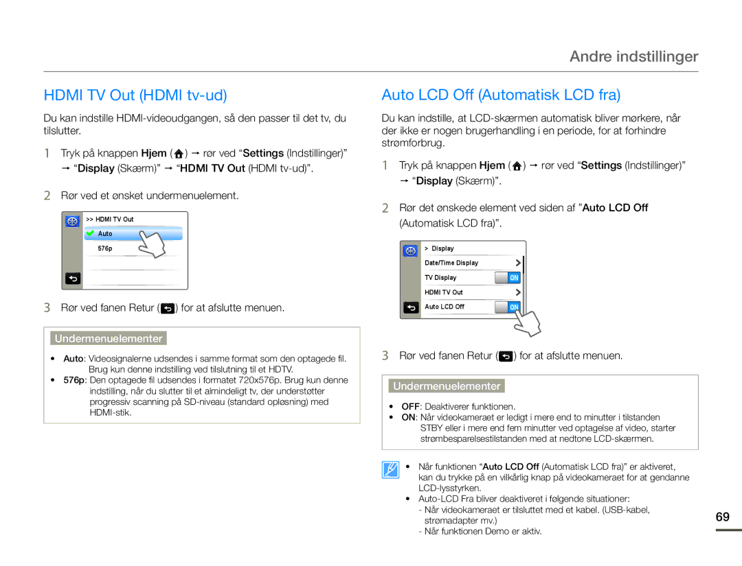 Samsung HMX-Q10TP/EDC, HMX-Q10PP/EDC manual Hdmi TV Out Hdmi tv-ud Auto LCD Off Automatisk LCD fra, For at afslutte menuen 