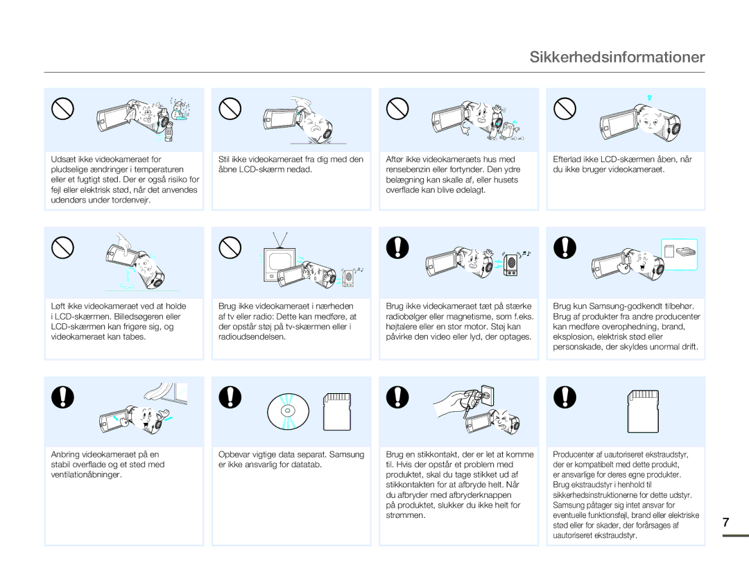 Samsung HMX-Q10PP/EDC, HMX-Q10TP/EDC, HMX-Q10BP/EDC manual Sikkerhedsinformationer 