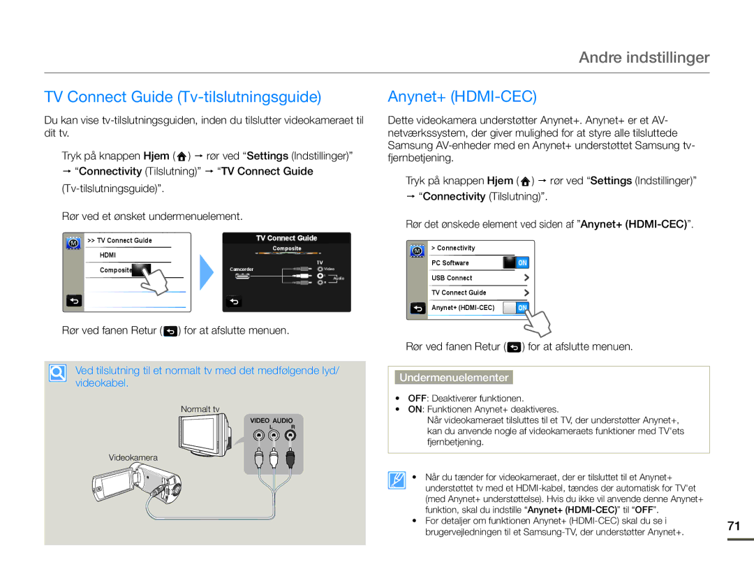 Samsung HMX-Q10BP/EDC, HMX-Q10TP/EDC, HMX-Q10PP/EDC manual TV Connect Guide Tv-tilslutningsguide, Anynet+ HDMI-CEC 