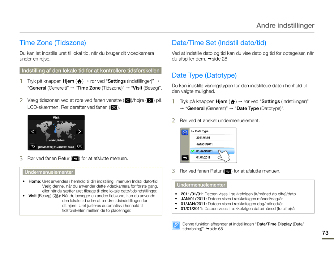 Samsung HMX-Q10PP/EDC, HMX-Q10TP/EDC, HMX-Q10BP/EDC Time Zone Tidszone, Date/Time Set Indstil dato/tid, Date Type Datotype 