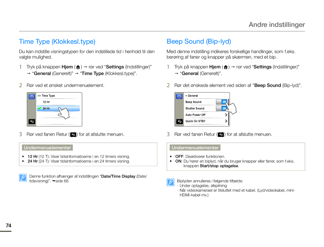 Samsung HMX-Q10BP/EDC, HMX-Q10TP/EDC, HMX-Q10PP/EDC manual Time Type Klokkesl.type, Beep Sound Bip-lyd 