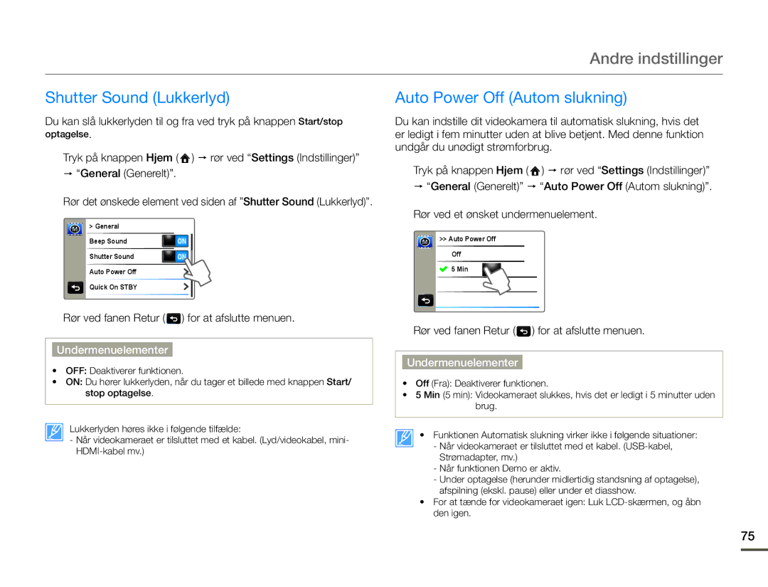 Samsung HMX-Q10TP/EDC, HMX-Q10PP/EDC, HMX-Q10BP/EDC manual Shutter Sound Lukkerlyd, Auto Power Off Autom slukning 