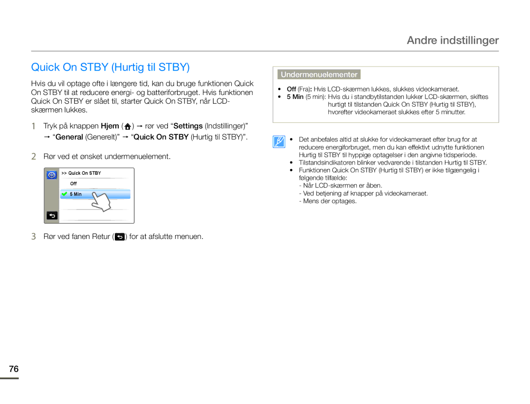 Samsung HMX-Q10PP/EDC, HMX-Q10TP/EDC, HMX-Q10BP/EDC manual Quick On Stby Hurtig til Stby 