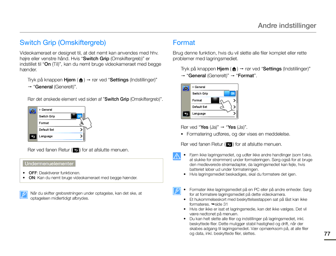 Samsung HMX-Q10BP/EDC, HMX-Q10TP/EDC, HMX-Q10PP/EDC manual Switch Grip Omskiftergreb, Format 