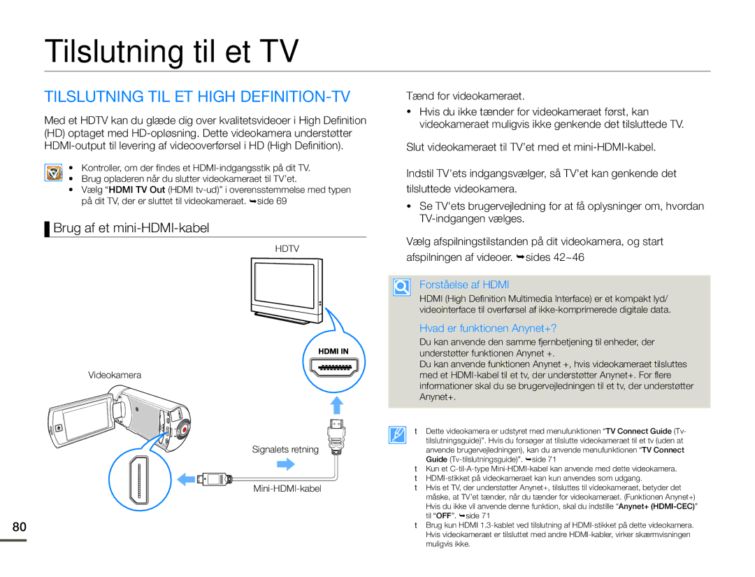 Samsung HMX-Q10BP/EDC manual Tilslutning til et TV, Tilslutning TIL ET High DEFINITION-TV, Brug af et mini-HDMI-kabel 