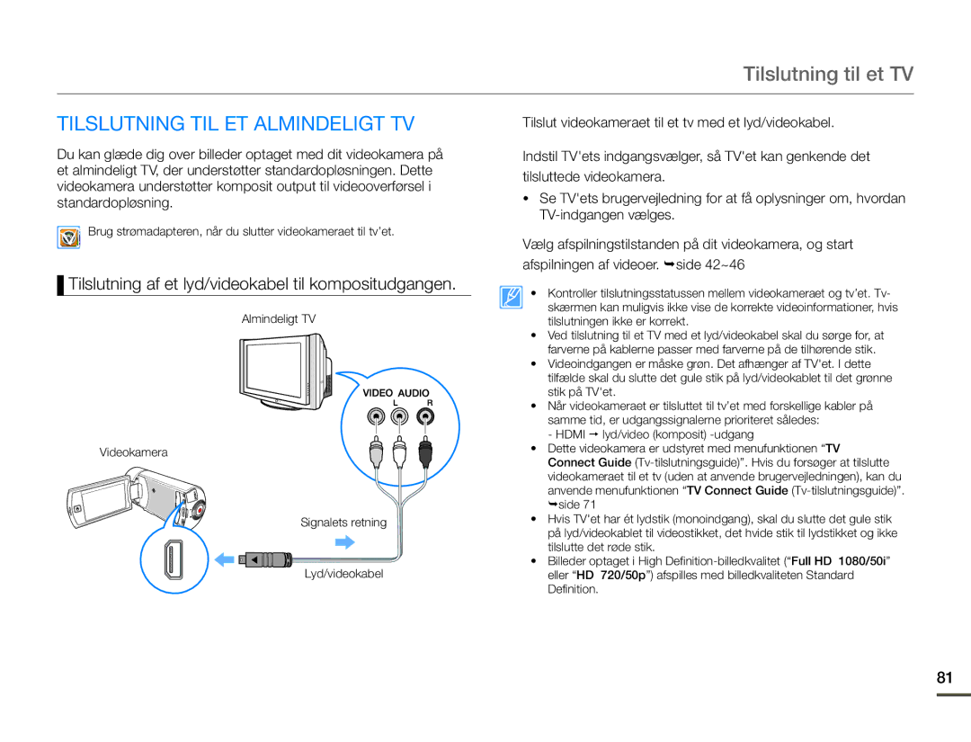 Samsung HMX-Q10TP/EDC, HMX-Q10PP/EDC, HMX-Q10BP/EDC manual Tilslutning til et TV, Tilslutning TIL ET Almindeligt TV 