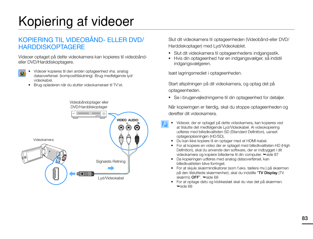 Samsung HMX-Q10BP/EDC, HMX-Q10TP/EDC manual Kopiering af videoer, Kopiering TIL VIDEOBÅND- Eller DVD/ Harddiskoptagere 