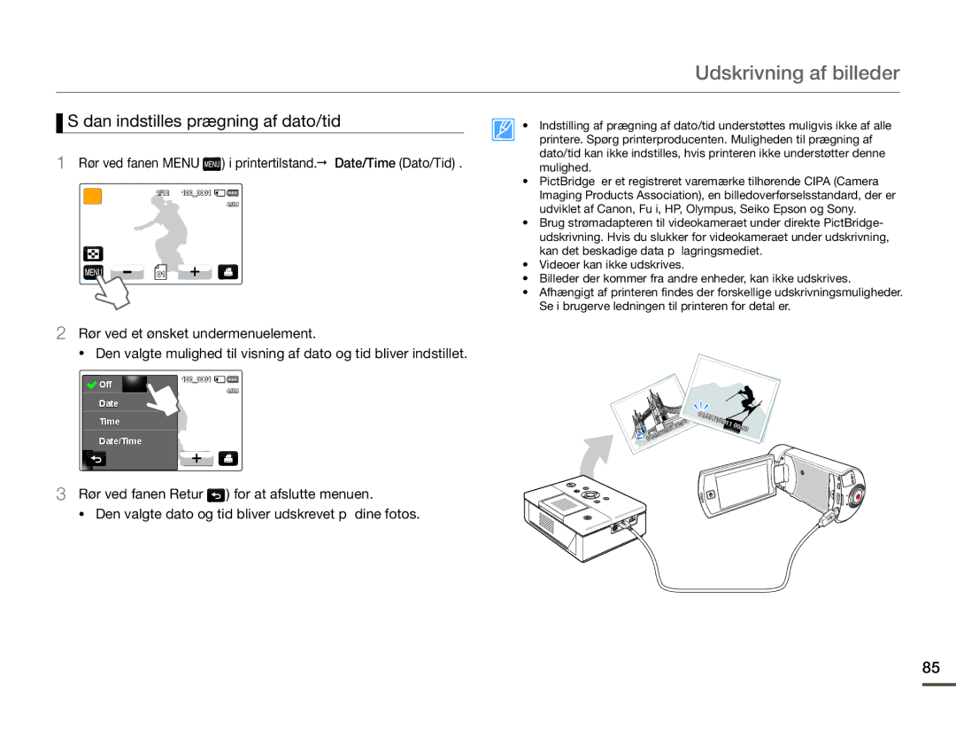 Samsung HMX-Q10PP/EDC, HMX-Q10TP/EDC, HMX-Q10BP/EDC manual Udskrivning af billeder, Sådan indstilles prægning af dato/tid 