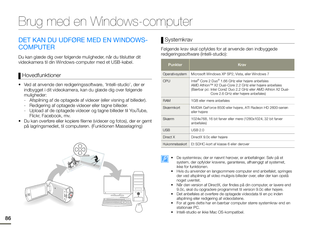 Samsung HMX-Q10BP/EDC manual Brug med en Windows-computer, DET KAN DU Udføre MED EN WINDOWS- Computer, Hovedfunktioner 