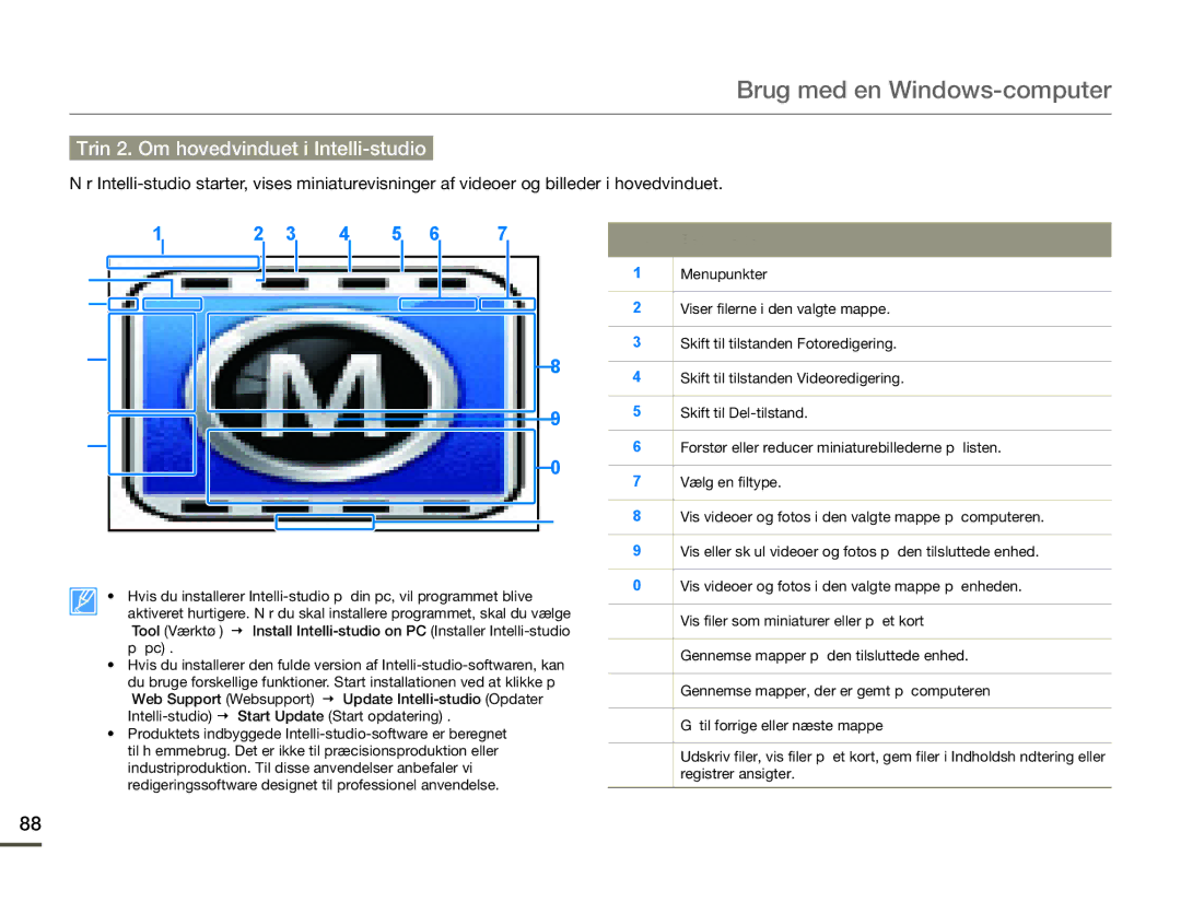 Samsung HMX-Q10PP/EDC, HMX-Q10TP/EDC, HMX-Q10BP/EDC manual Trin 2. Om hovedvinduet i Intelli-studio, Beskrivelse 