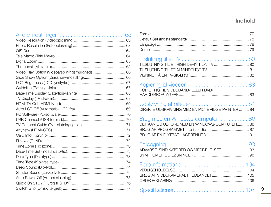 Samsung HMX-Q10TP/EDC, HMX-Q10PP/EDC, HMX-Q10BP/EDC manual Indhold, 104, 107 