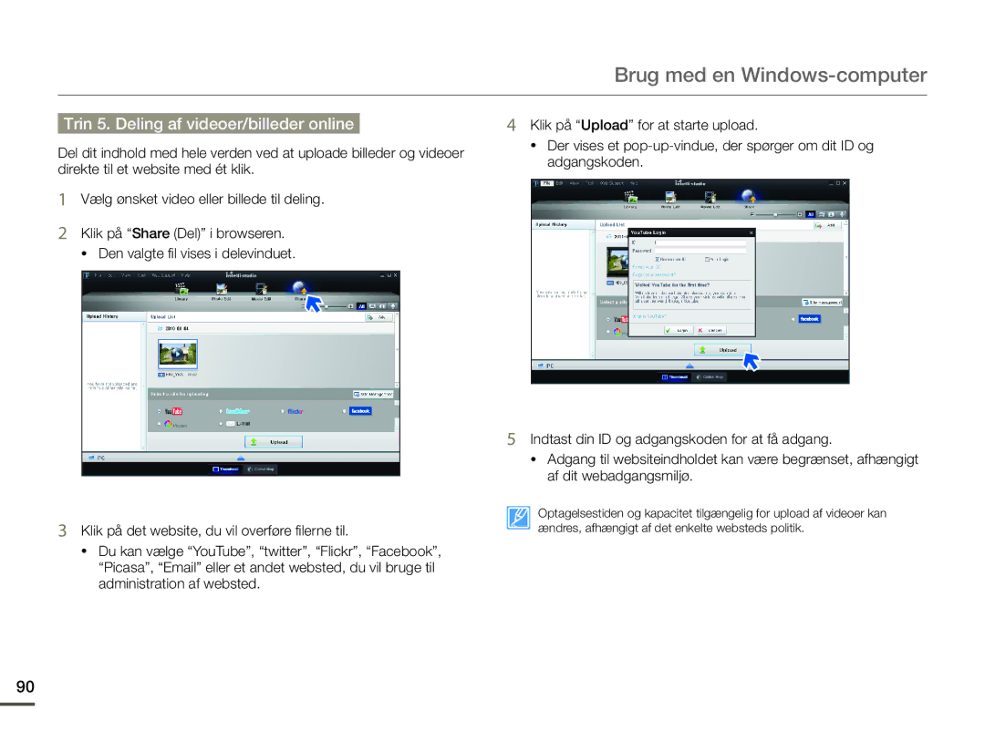 Samsung HMX-Q10TP/EDC, HMX-Q10PP/EDC, HMX-Q10BP/EDC manual Trin 5. Deling af videoer/billeder online 