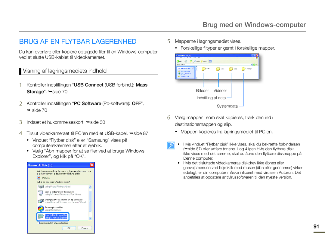 Samsung HMX-Q10PP/EDC, HMX-Q10TP/EDC, HMX-Q10BP/EDC manual Brug AF EN Flytbar Lagerenhed, Visning af lagringsmediets indhold 