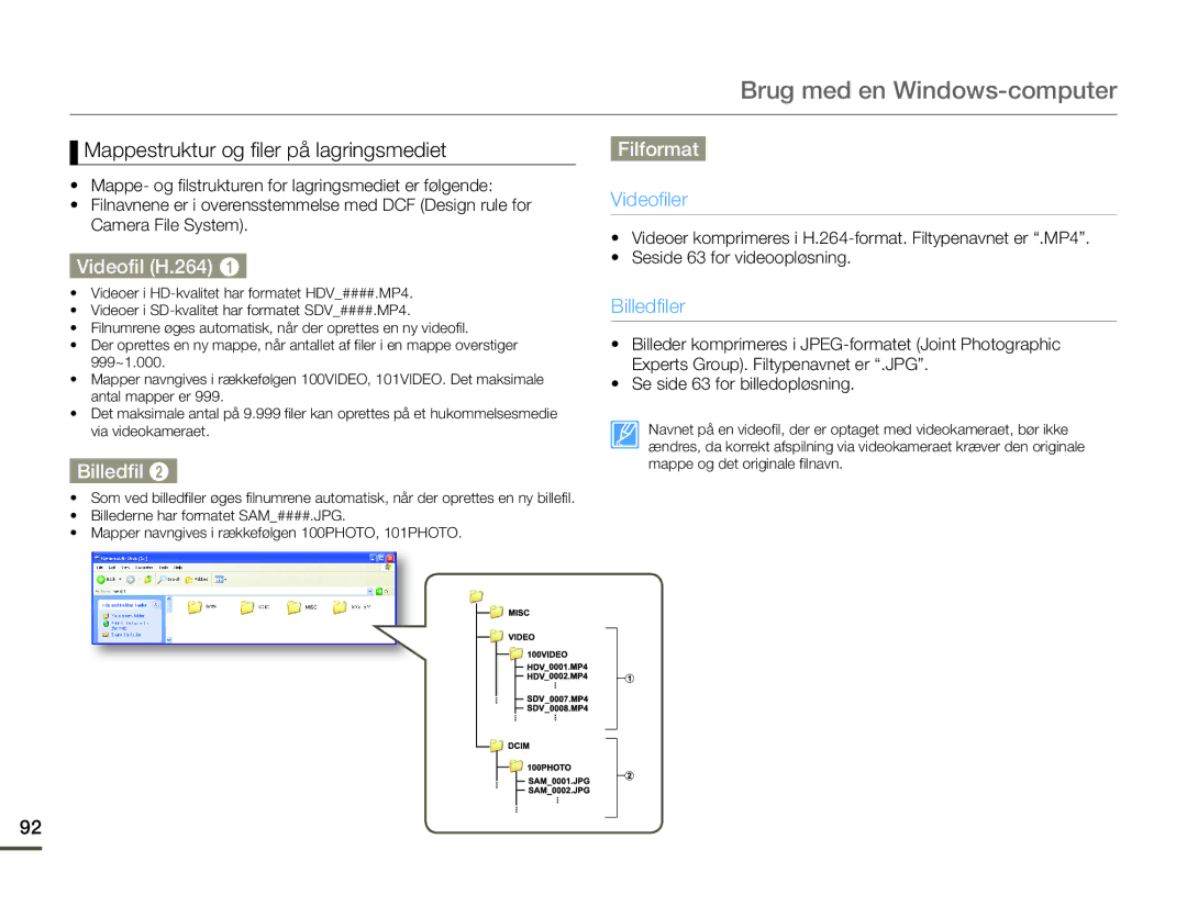 Samsung HMX-Q10BP/EDC, HMX-Q10TP/EDC manual Mappestruktur og filer på lagringsmediet, Videofil H.264, Billedfil, Filformat 