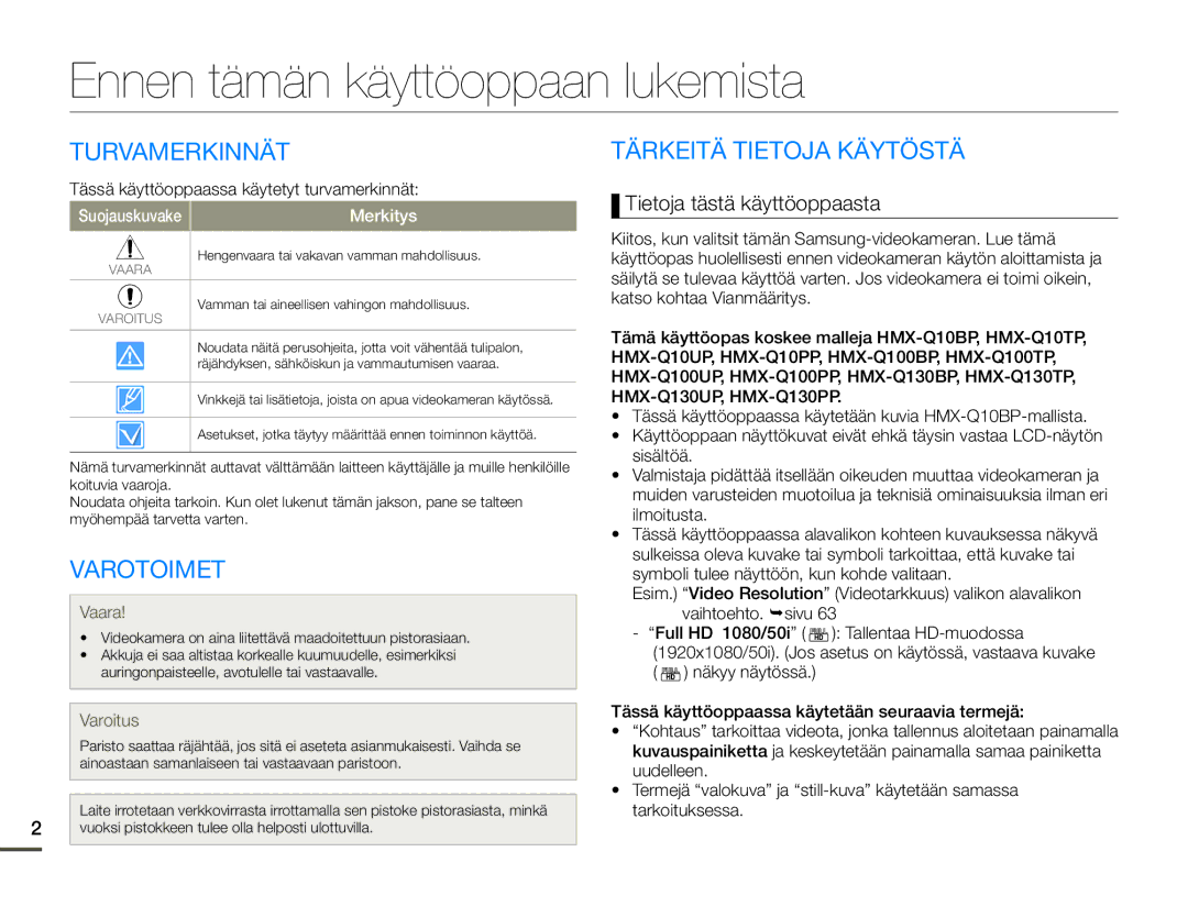 Samsung HMX-Q10BP/EDC manual Ennen tämän käyttöoppaan lukemista, Turvamerkinnät, Varotoimet, Tärkeitä Tietoja Käytöstä 