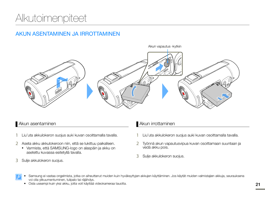 Samsung HMX-Q10TP/EDC manual Alkutoimenpiteet, Akun Asentaminen JA Irrottaminen, Akun asentaminen, Akun irrottaminen 