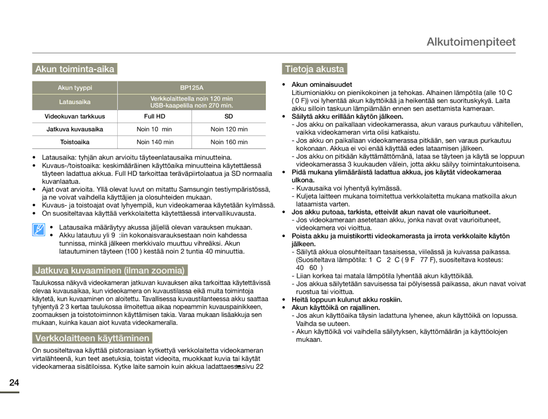 Samsung HMX-Q10TP/EDC Akun toiminta-aika, Jatkuva kuvaaminen ilman zoomia, Verkkolaitteen käyttäminen, Tietoja akusta 