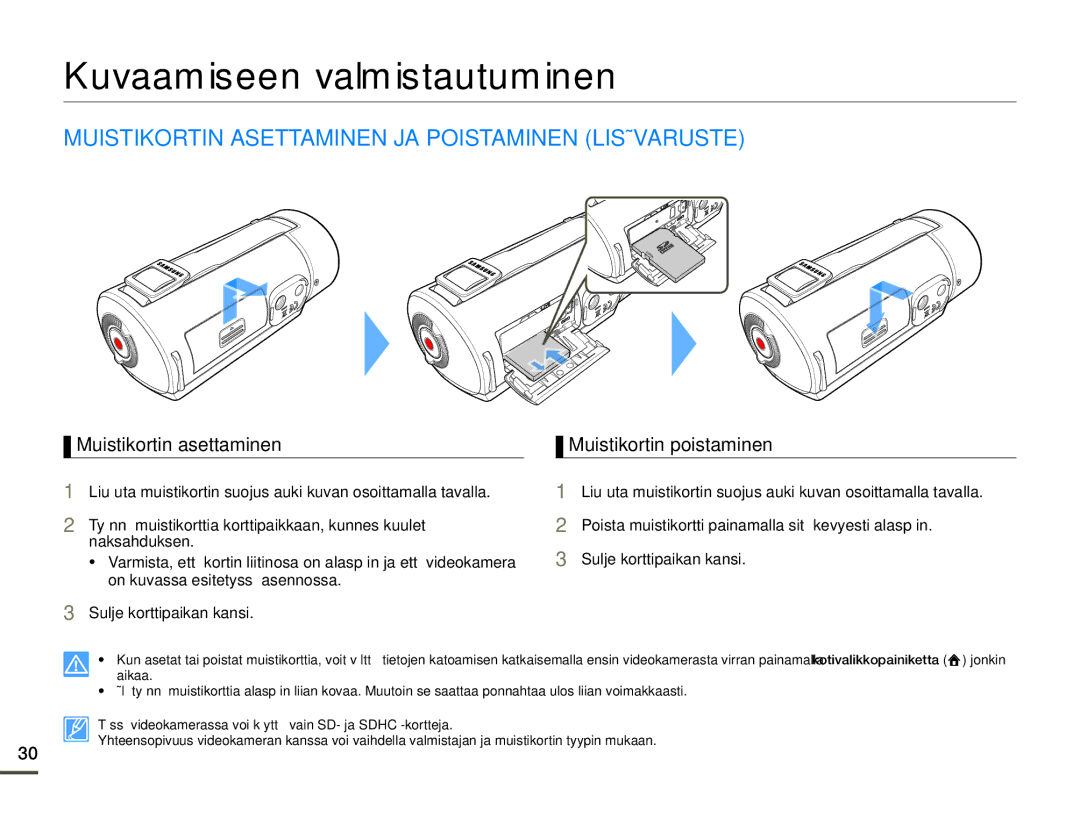 Samsung HMX-Q10TP/EDC, HMX-Q10PP/EDC Kuvaamiseen valmistautuminen, Muistikortin Asettaminen JA Poistaminen Lisävaruste 