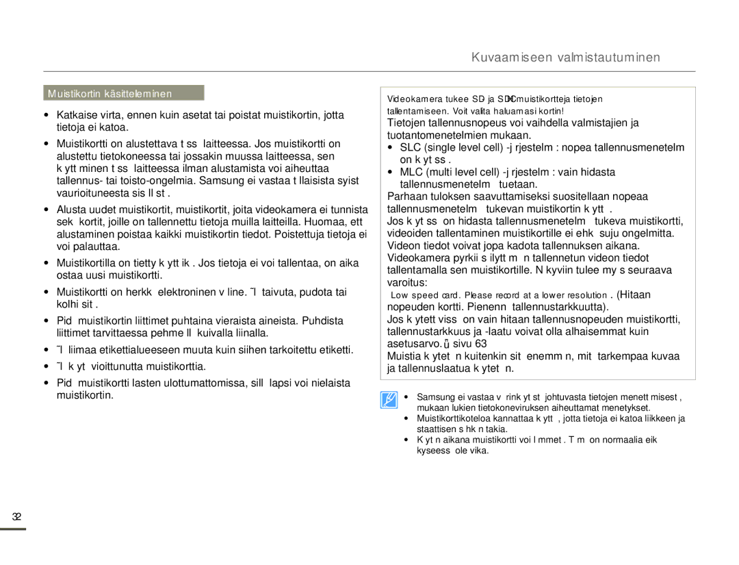 Samsung HMX-Q10BP/EDC, HMX-Q10TP/EDC, HMX-Q10PP/EDC manual Muistikortin käsitteleminen 