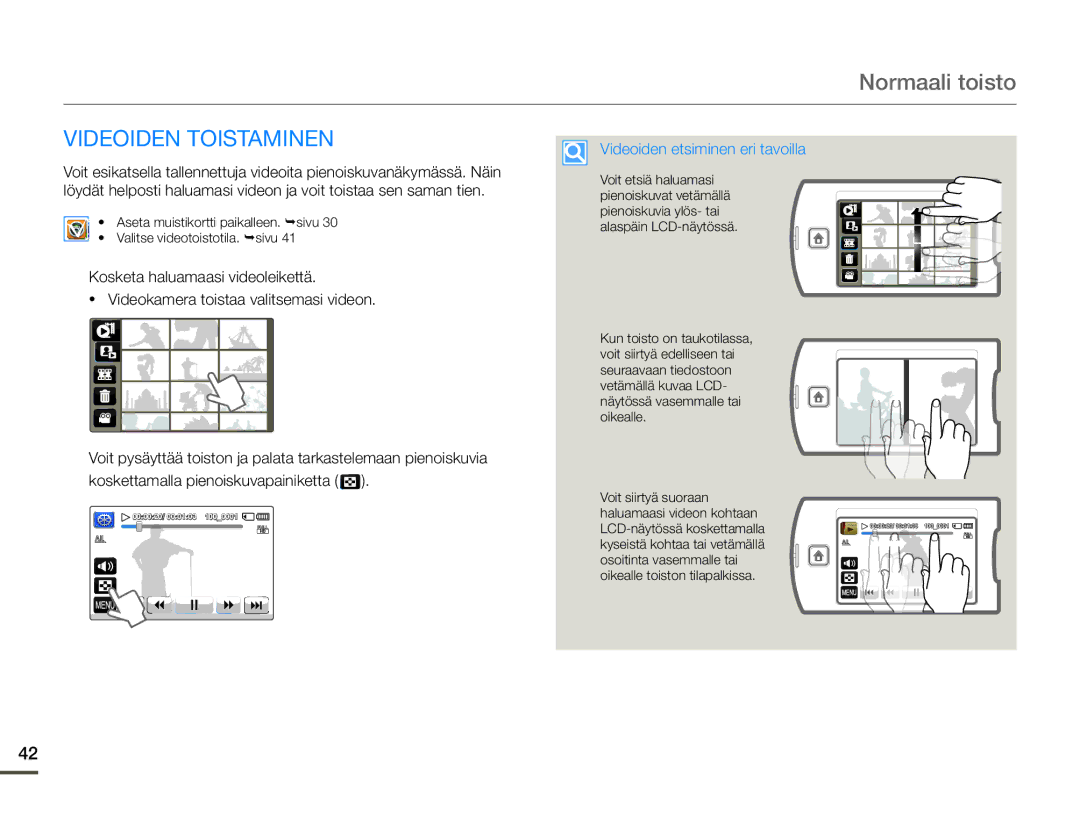 Samsung HMX-Q10TP/EDC, HMX-Q10PP/EDC manual Normaali toisto, Videoiden Toistaminen, Videoiden etsiminen eri tavoilla 