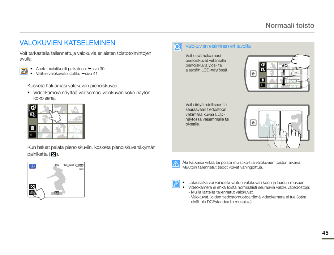 Samsung HMX-Q10TP/EDC, HMX-Q10PP/EDC, HMX-Q10BP/EDC manual Valokuvien Katseleminen, Valokuvien etsiminen eri tavoilla 