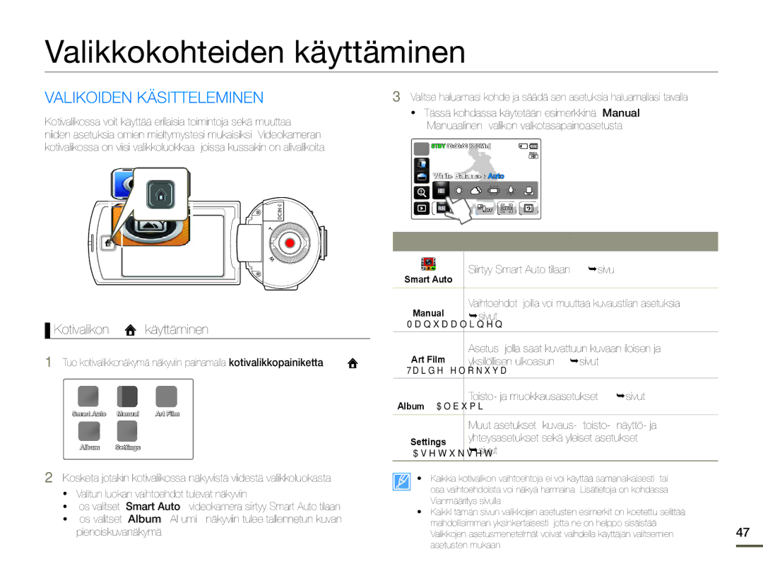 Samsung HMX-Q10BP/EDC, HMX-Q10TP/EDC manual Valikkokohteiden käyttäminen, Valikoiden Käsitteleminen, Kotivalikon käyttäminen 