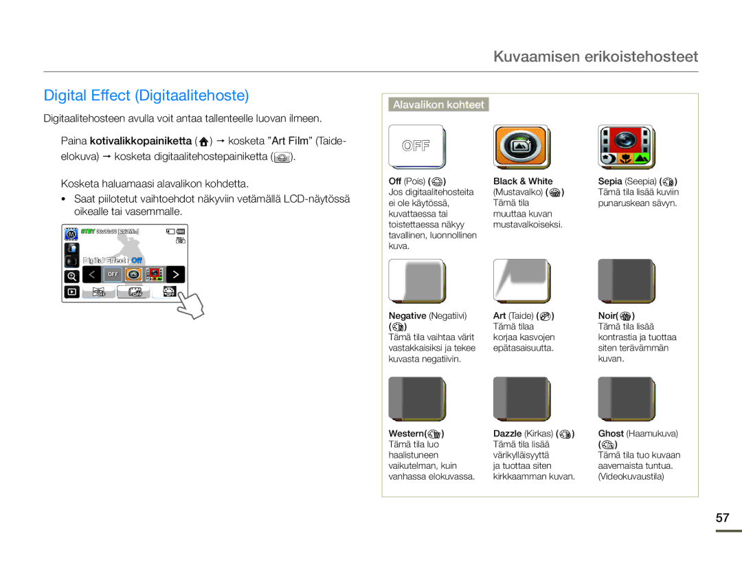 Samsung HMX-Q10TP/EDC, HMX-Q10PP/EDC, HMX-Q10BP/EDC manual Digital Effect Digitaalitehoste, Off 