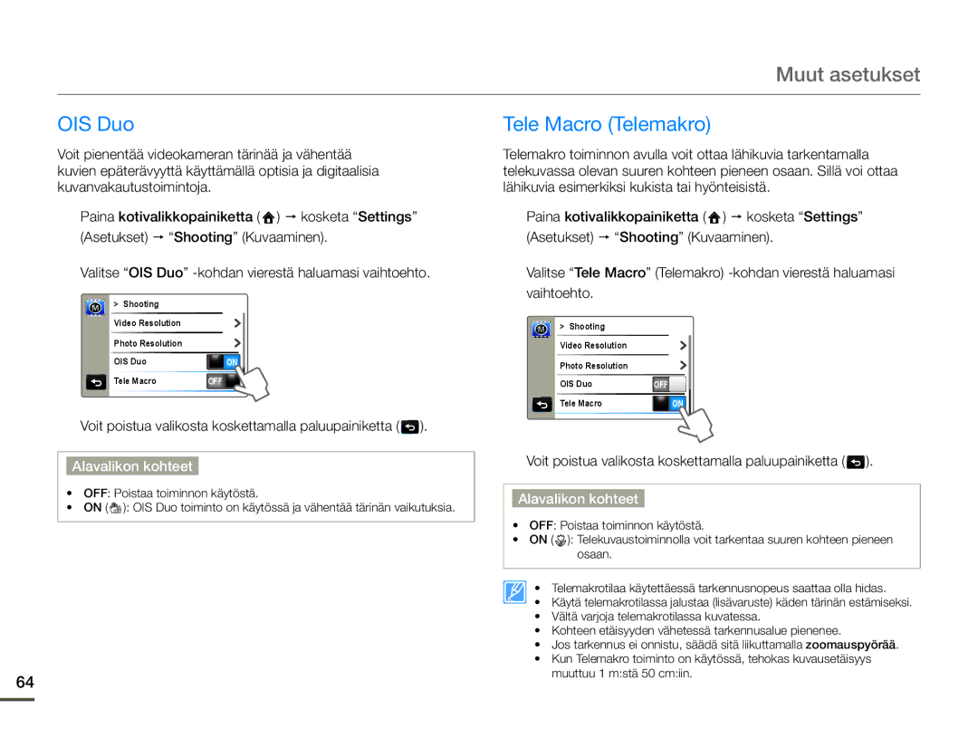 Samsung HMX-Q10PP/EDC, HMX-Q10TP/EDC, HMX-Q10BP/EDC manual Muut asetukset, OIS Duo Tele Macro Telemakro 