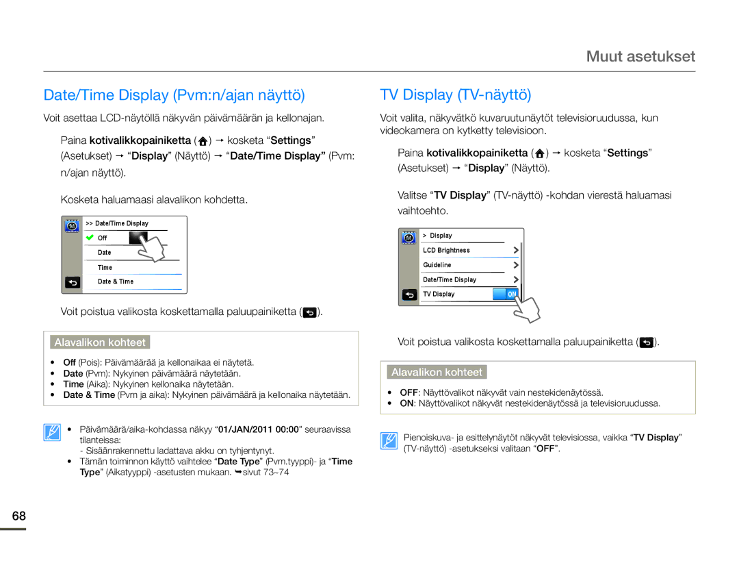 Samsung HMX-Q10BP/EDC, HMX-Q10TP/EDC, HMX-Q10PP/EDC manual Date/Time Display Pvmn/ajan näyttö, TV Display TV-näyttö 