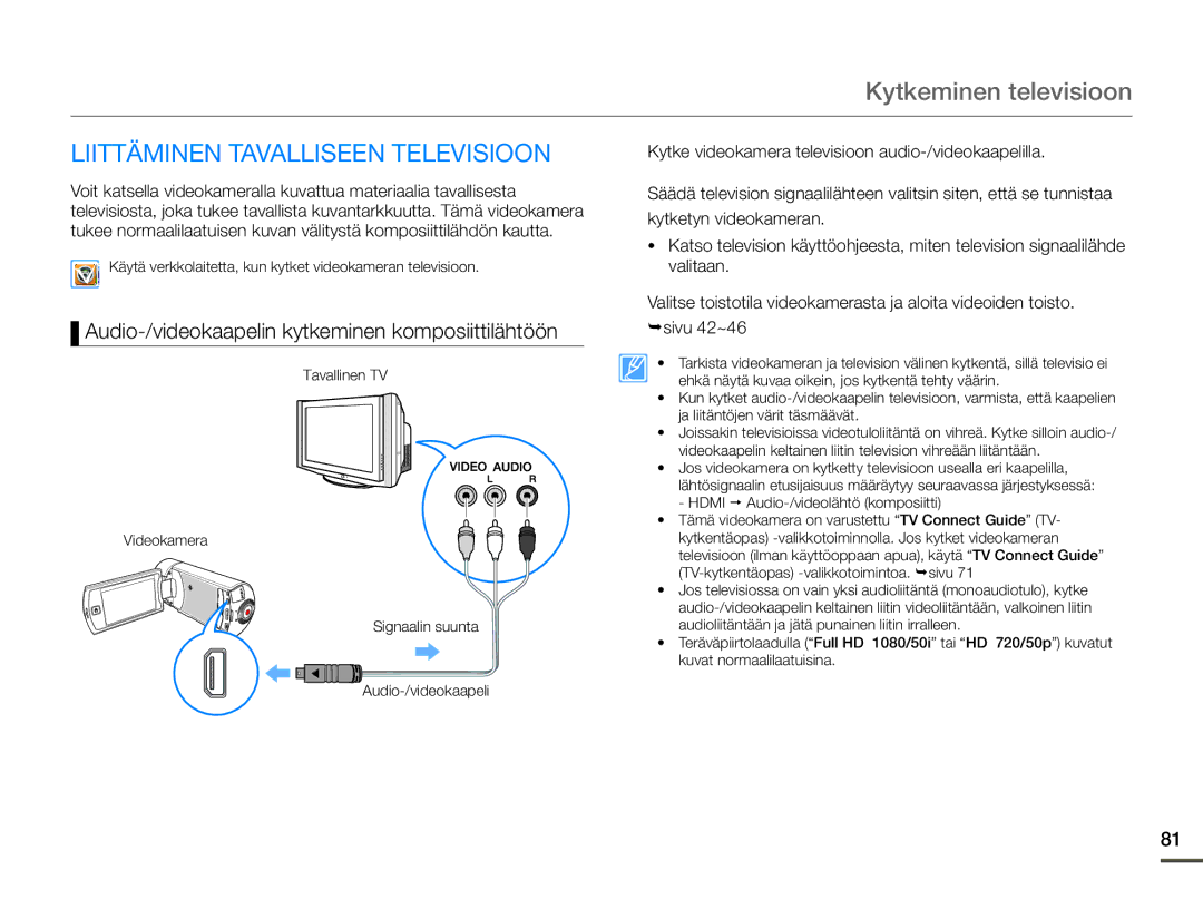 Samsung HMX-Q10TP/EDC, HMX-Q10PP/EDC, HMX-Q10BP/EDC manual Kytkeminen televisioon, Liittäminen Tavalliseen Televisioon 