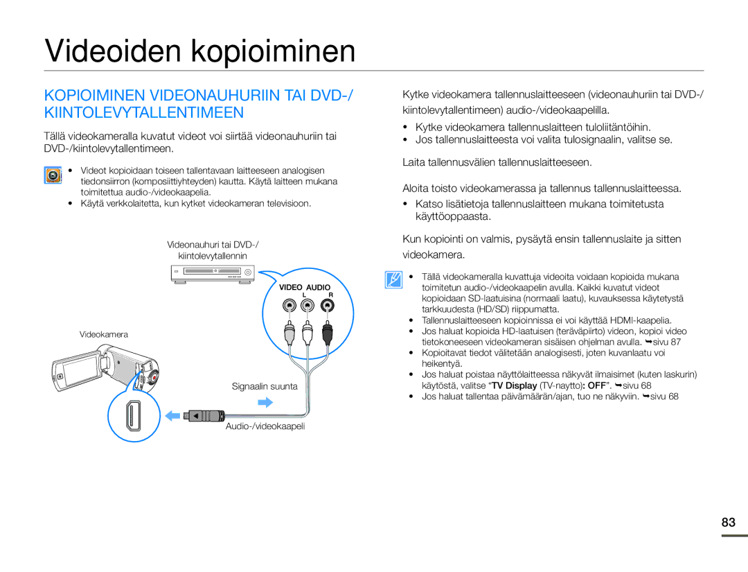 Samsung HMX-Q10BP/EDC, HMX-Q10TP/EDC Videoiden kopioiminen, Kopioiminen Videonauhuriin TAI DVD-/ Kiintolevytallentimeen 