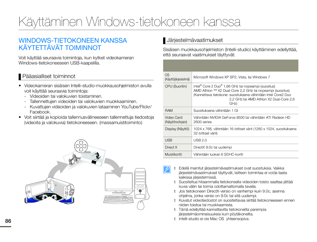 Samsung HMX-Q10BP/EDC manual Käyttäminen Windows-tietokoneen kanssa, WINDOWS-TIETOKONEEN Kanssa Käytettävät Toiminnot 