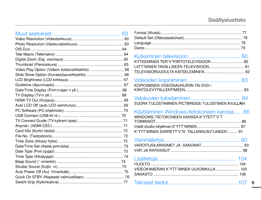 Samsung HMX-Q10TP/EDC, HMX-Q10PP/EDC, HMX-Q10BP/EDC manual Sisällysluettelo, 104, 107 