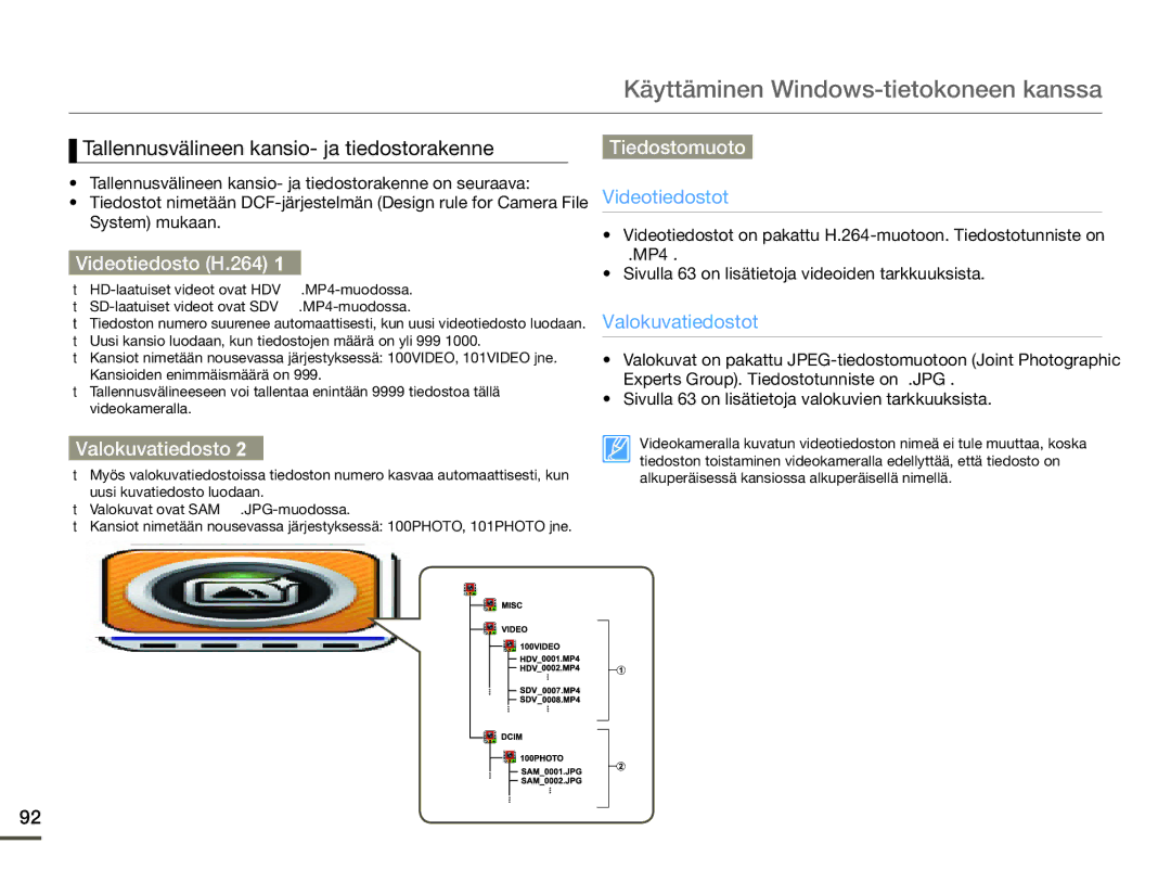 Samsung HMX-Q10BP/EDC Tallennusvälineen kansio- ja tiedostorakenne, Videotiedosto H.264, Valokuvatiedosto, Tiedostomuoto 